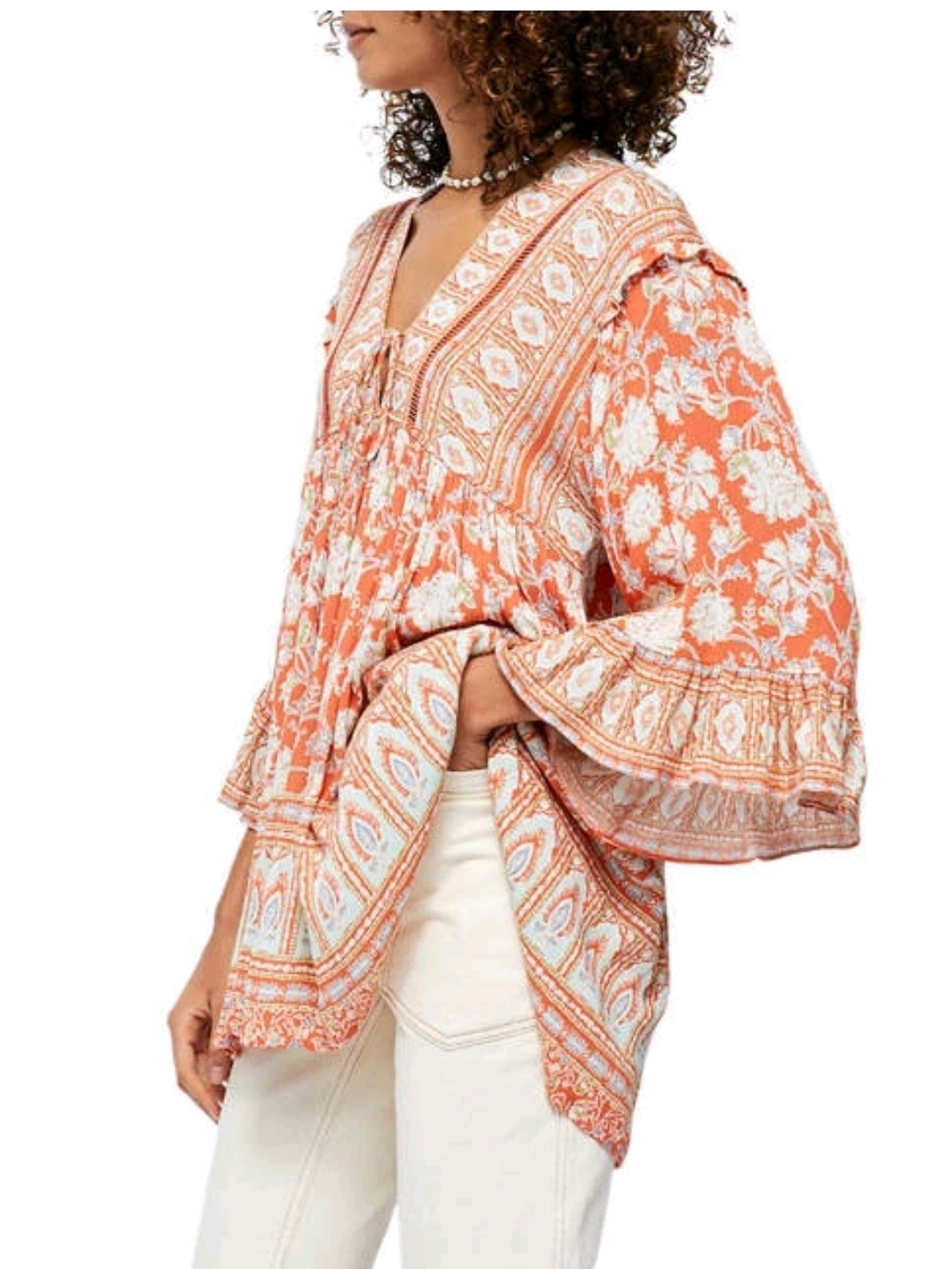 Free People Orange Floral Boho Tunic Top